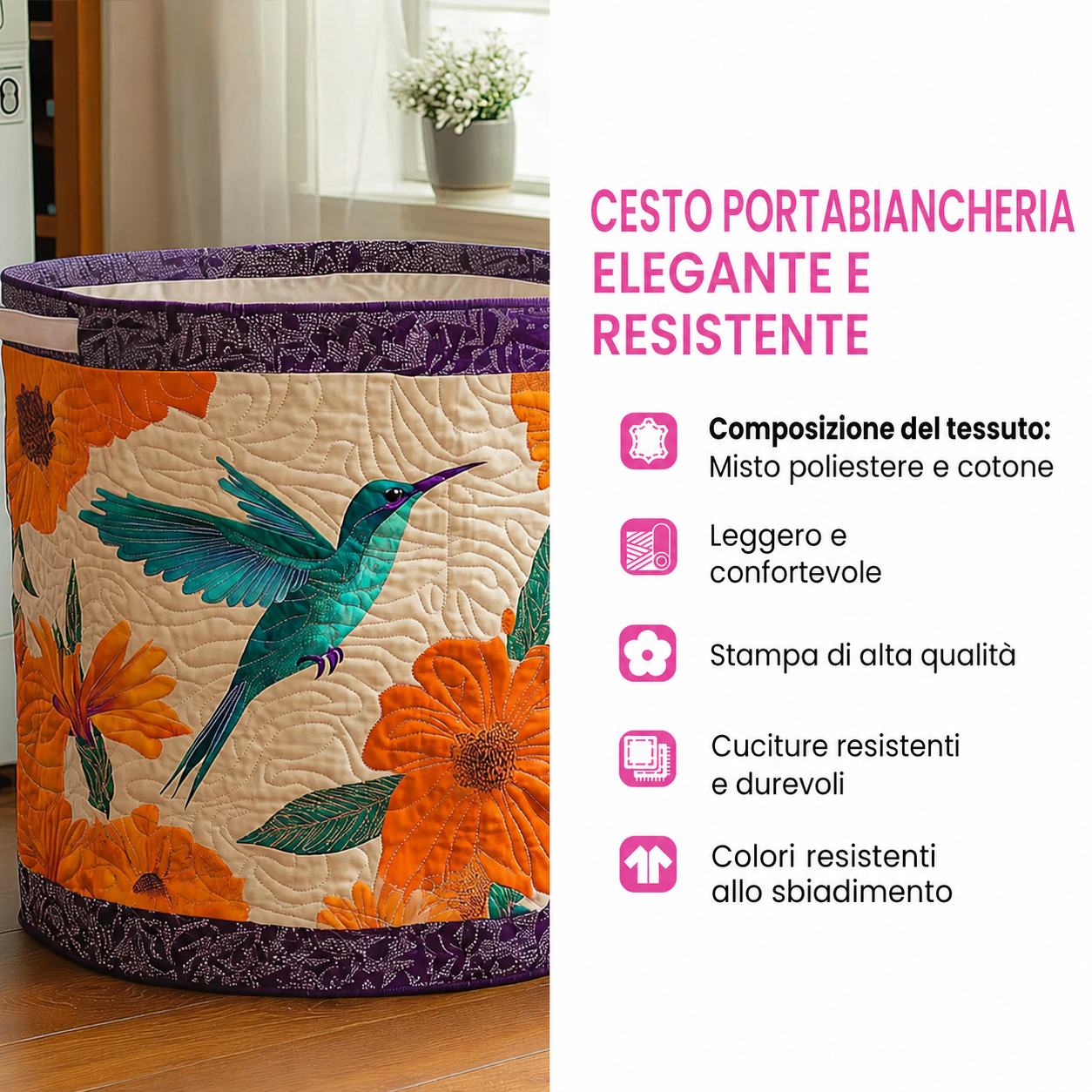 Cesto portabiancheria trapuntato con libellule