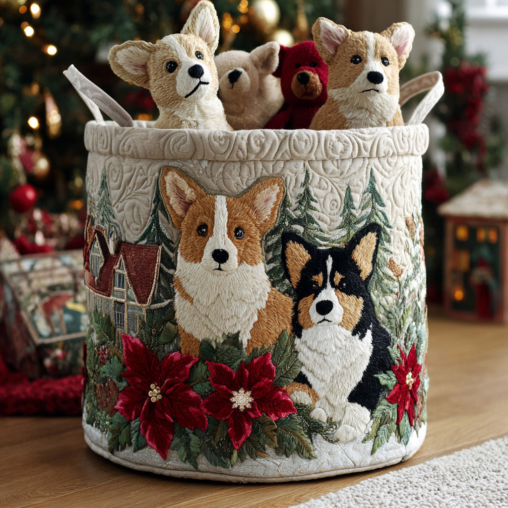 Cesto portabiancheria trapuntato con Corgi natalizio