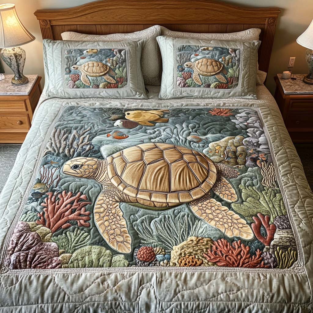 Coperta trapuntata 3 pezzi - Tartarughe marine
