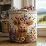 Cesto portabiancheria imbottito con mucca Highland e fiori