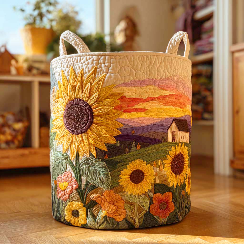 Cesto portabiancheria trapuntato con girasole
