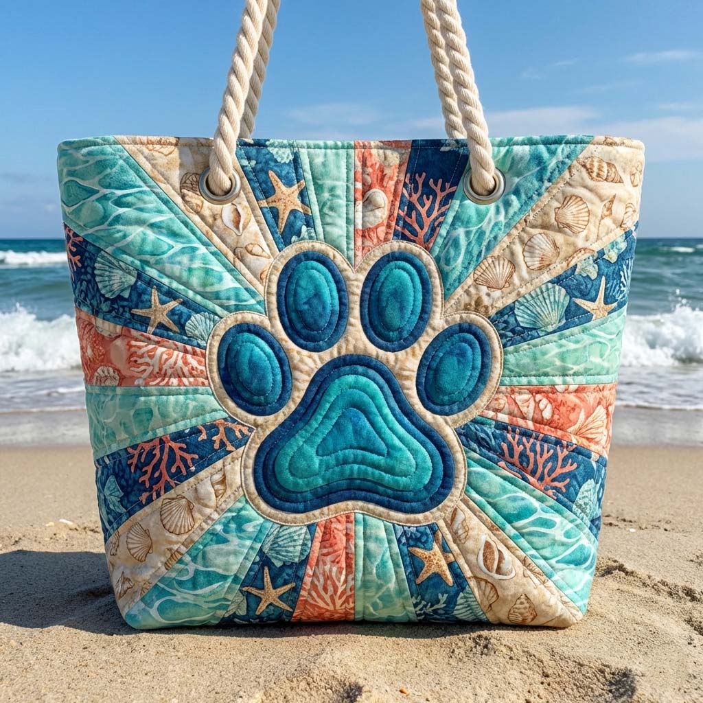 Borsa da Spiaggia con Motivo Impronte di Zampa – L e XL