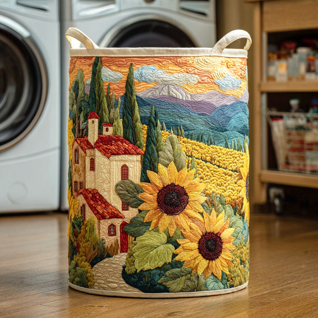 Cesto portabiancheria trapuntato con girasole