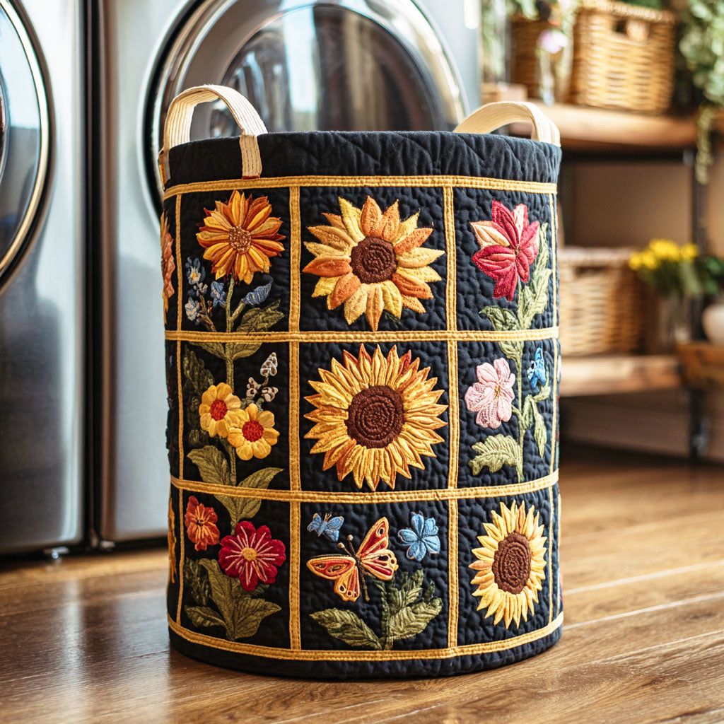 Cesto portabiancheria trapuntato con girasole