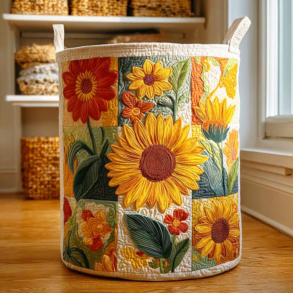 Cesto portabiancheria trapuntato con girasole