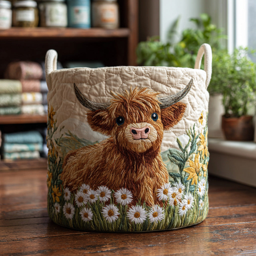 Cesto portabiancheria trapuntato con mucca Highland