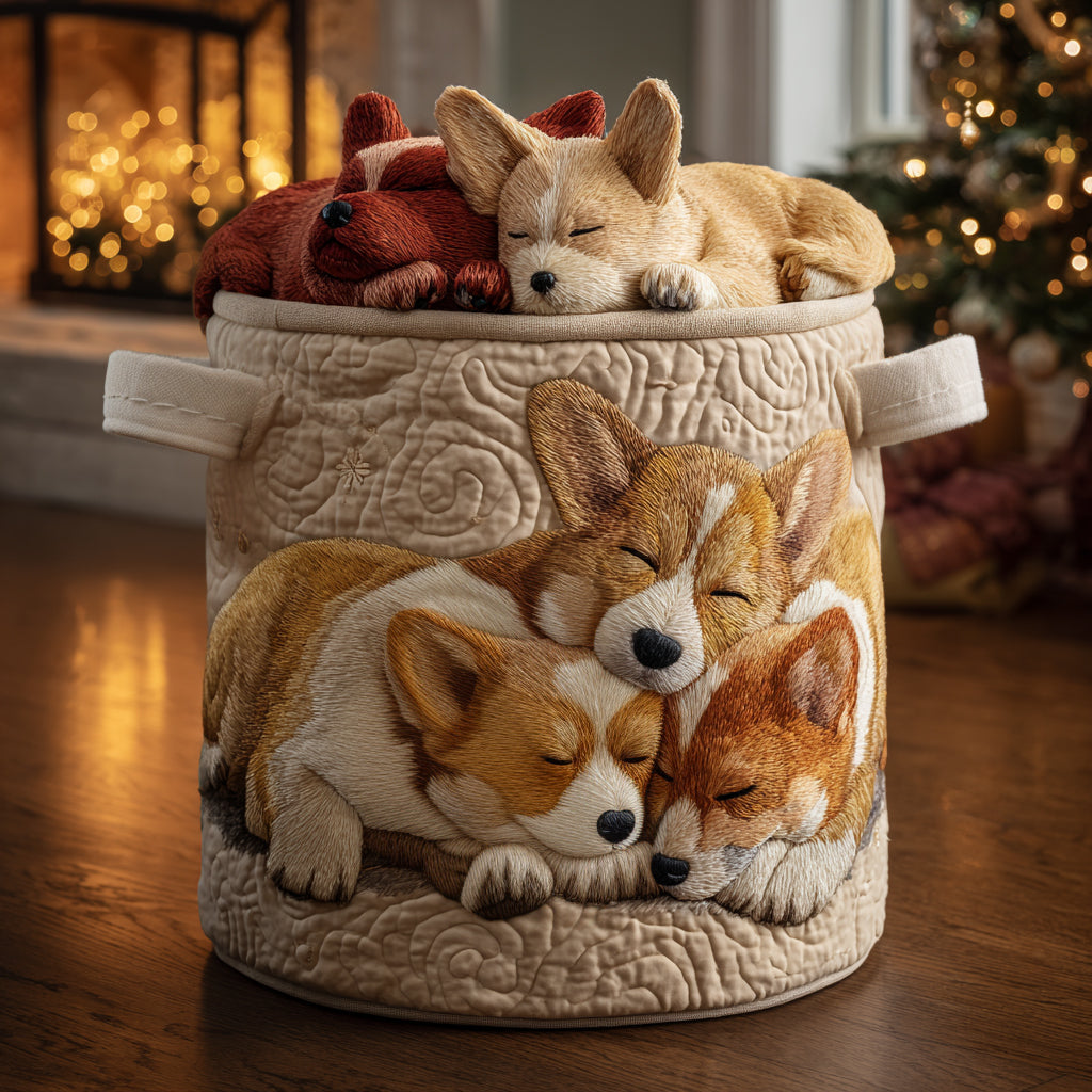 Cesto portabiancheria trapuntato con Corgi natalizio