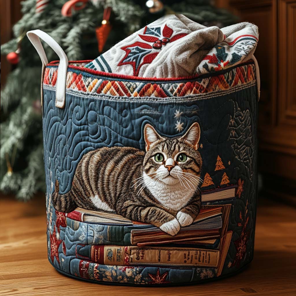 Cesto portabiancheria trapuntato con gatto e dettagli festivi
