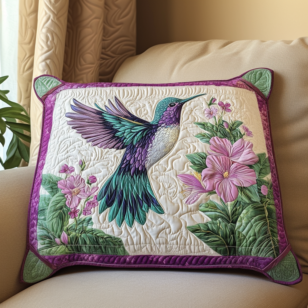 Copricuscino trapuntato con colibrì e fiori