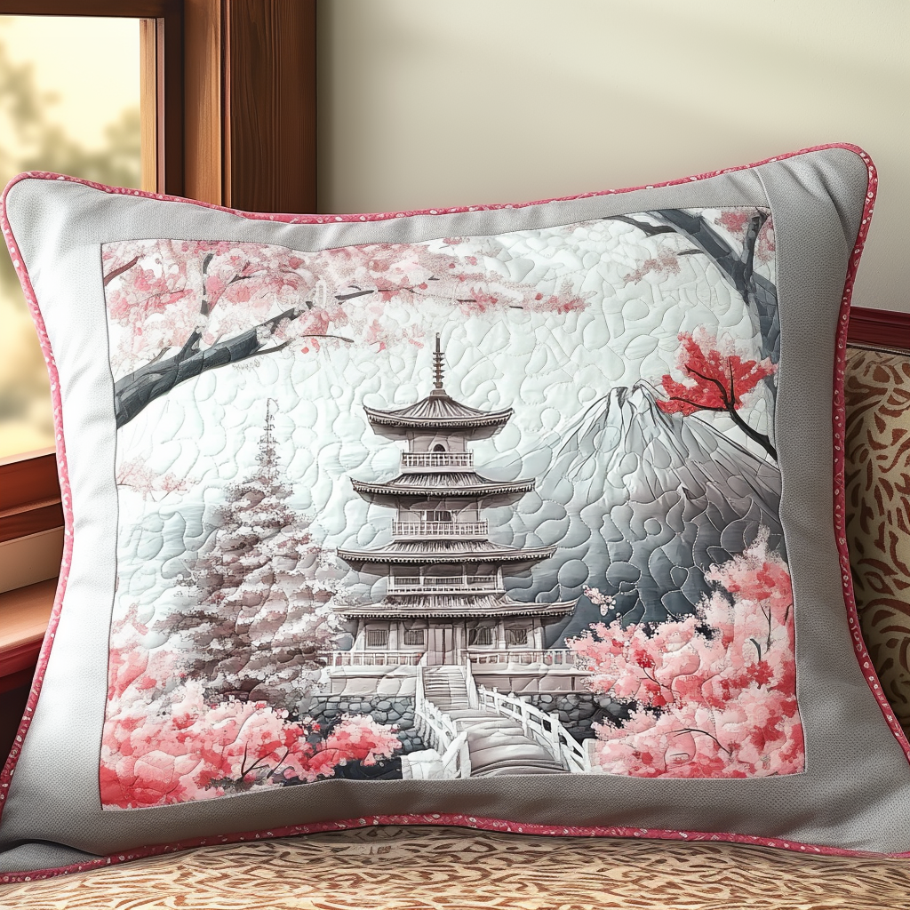 Copricuscino trapuntato con pagoda giapponese e fiori
