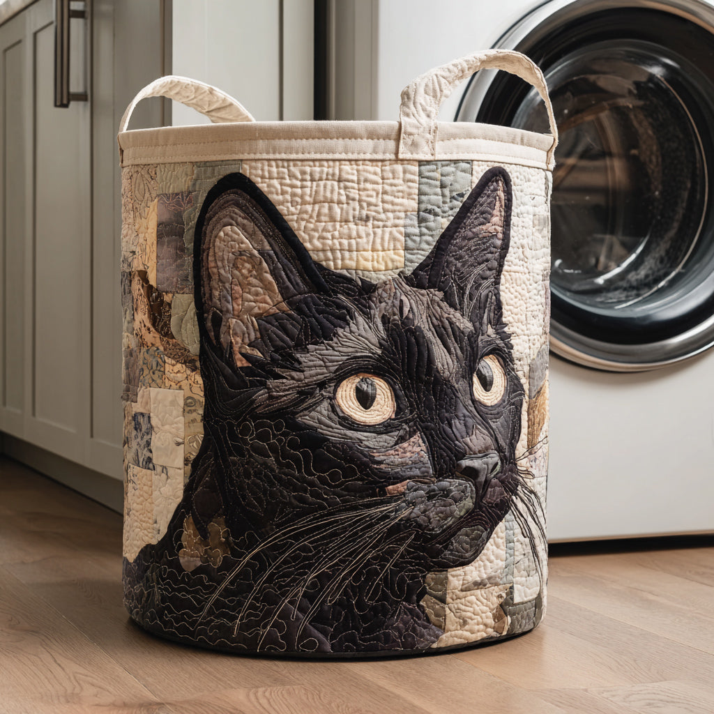 Cesto portabiancheria trapuntato con gatto nero