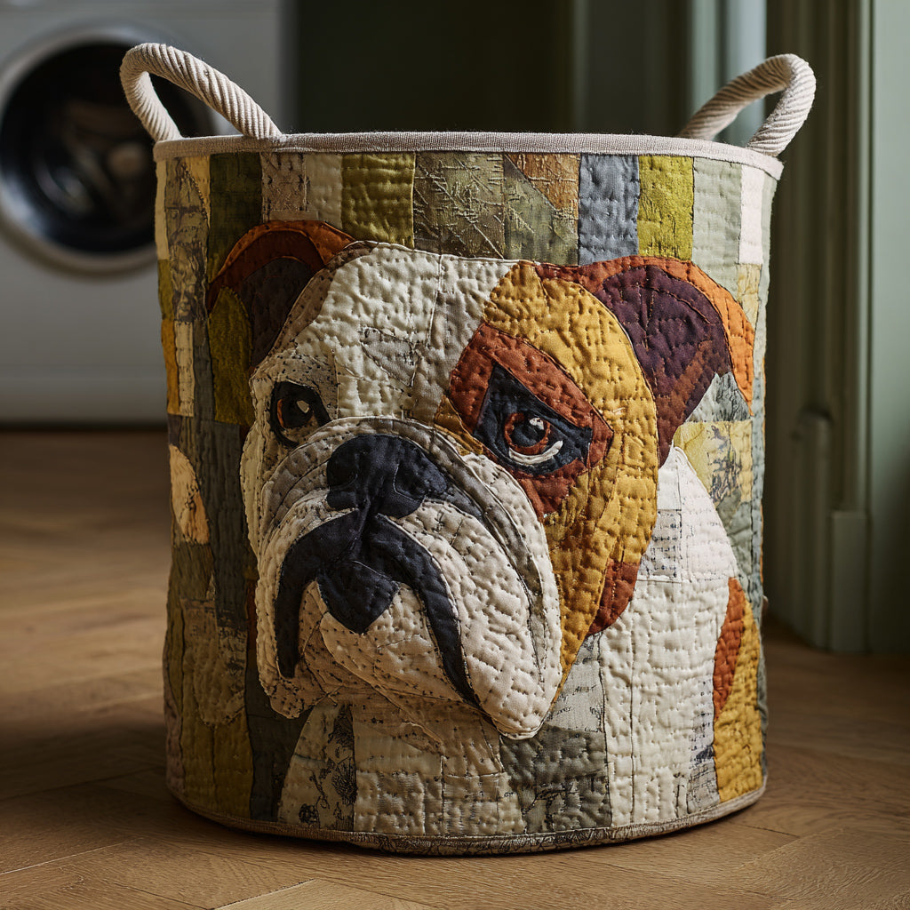 Cesto portabiancheria trapuntato con Bulldog in stile rustico