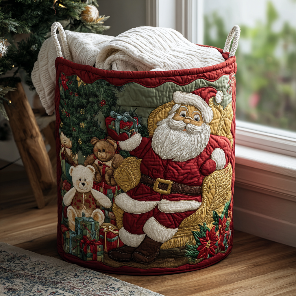 Cesto portabiancheria trapuntato con Babbo Natale