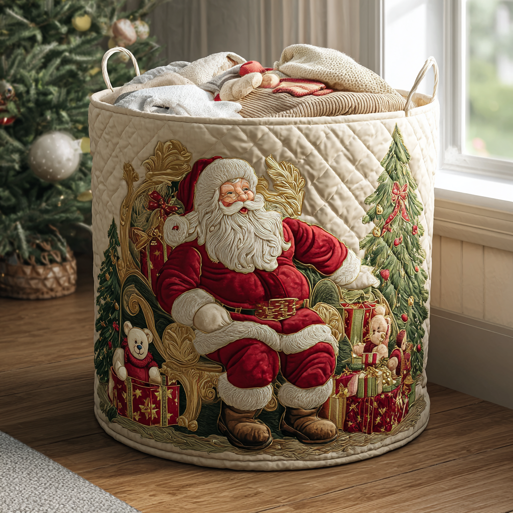 Cesto portabiancheria trapuntato con Babbo Natale