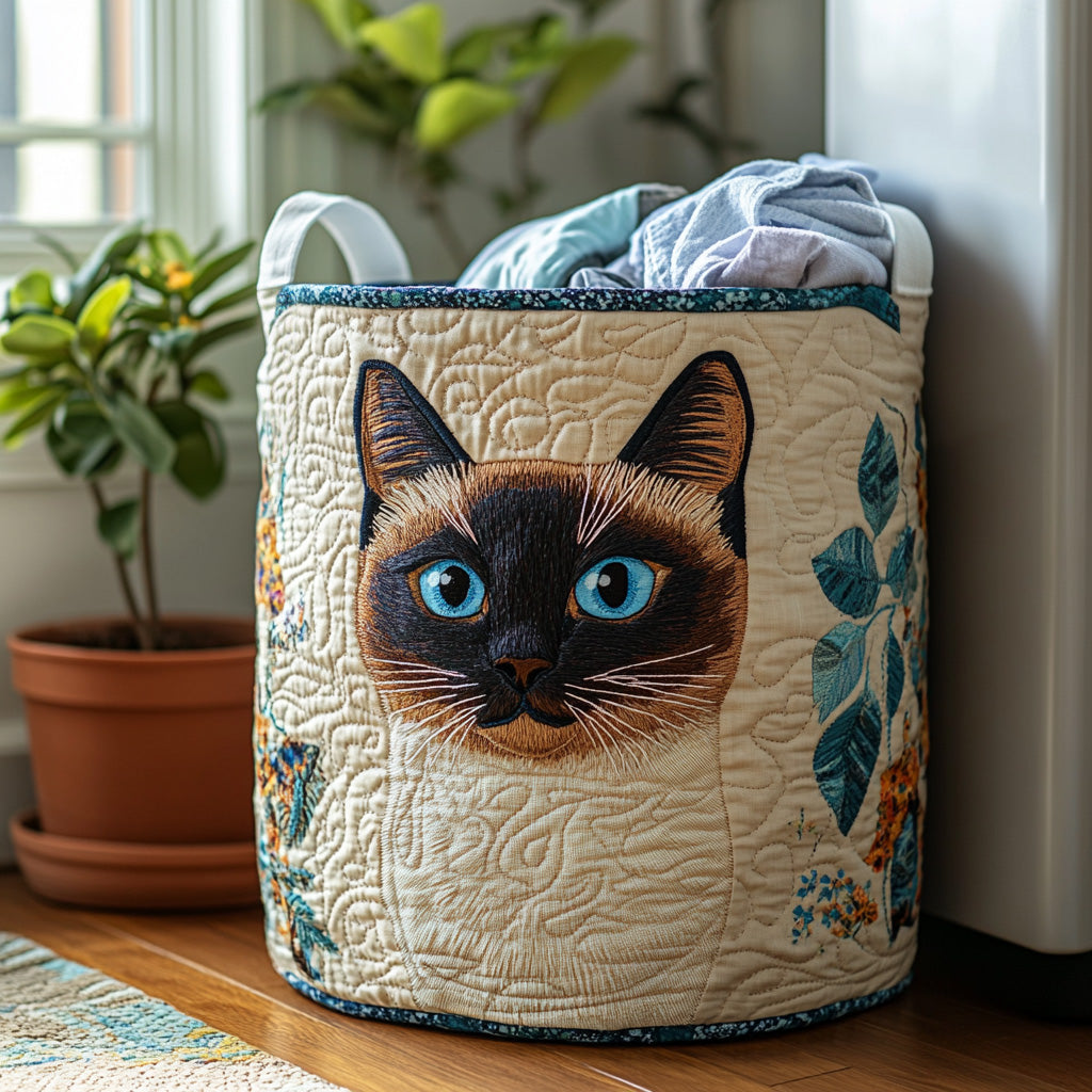 Cesto portabiancheria trapuntato con gatto siamese