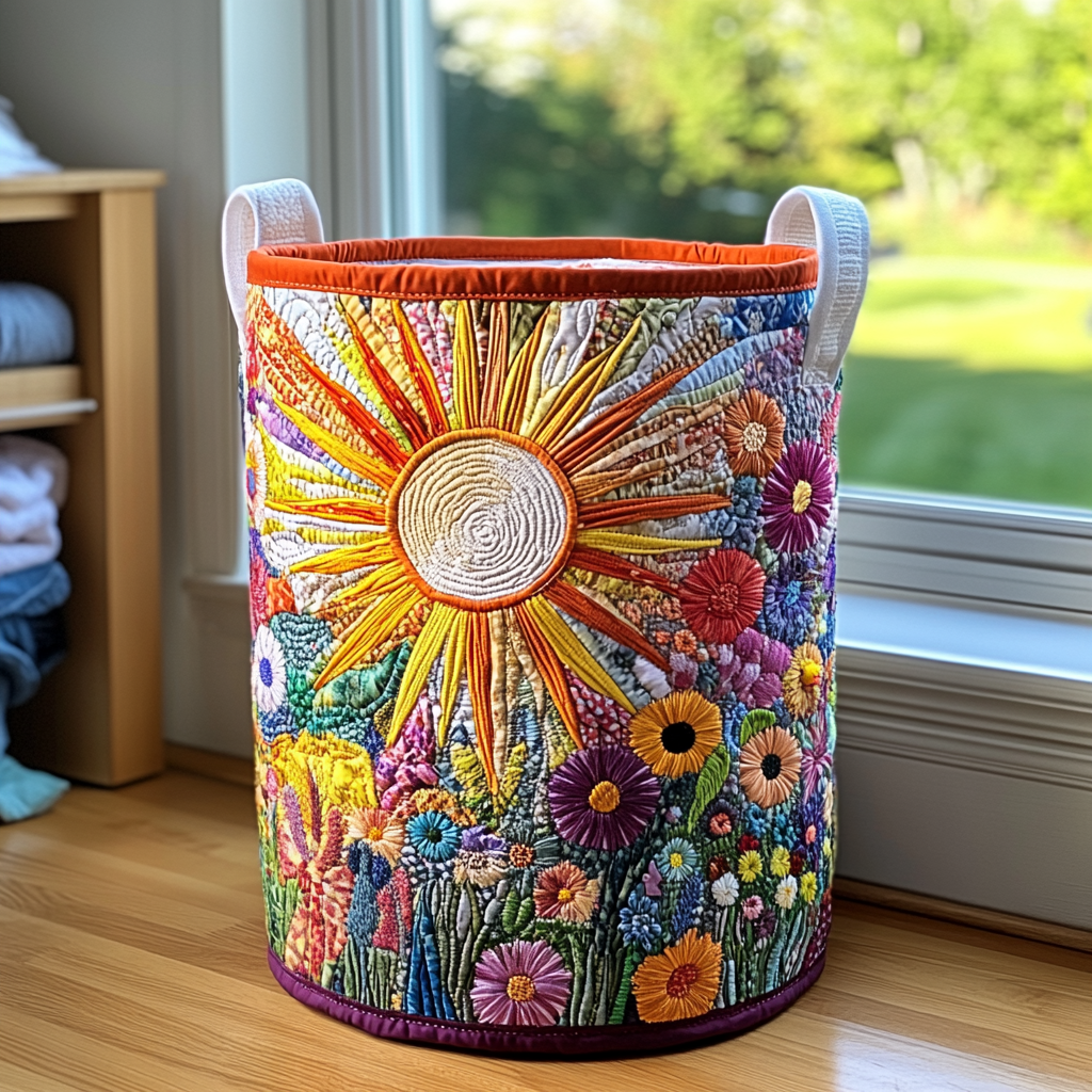 Cesto portabiancheria trapuntato con girasole